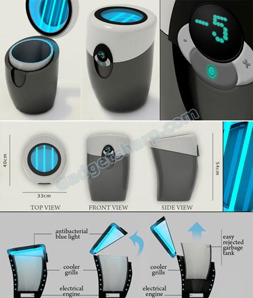 Five interesting trash can designs. Keywords for you to find them out:  Joseph Titan trash compactor; OVETTO recycling bin; hollow garbage…