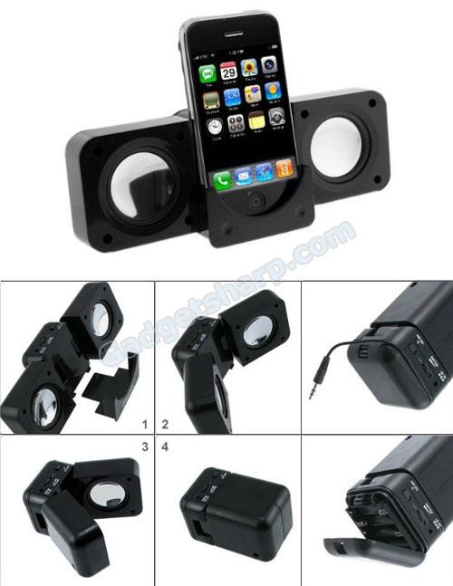 Black Portable Folding Stereo Speaker For iPod, iTouch, iPhone