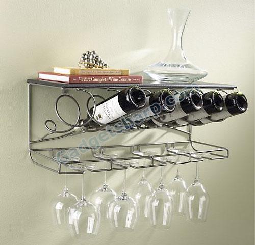 Stainless Steel Wine Rack Wall Mount 3 Bottles Wide Multi Sectional Bottle Holder with Top Shelf Section Modern Art Design 