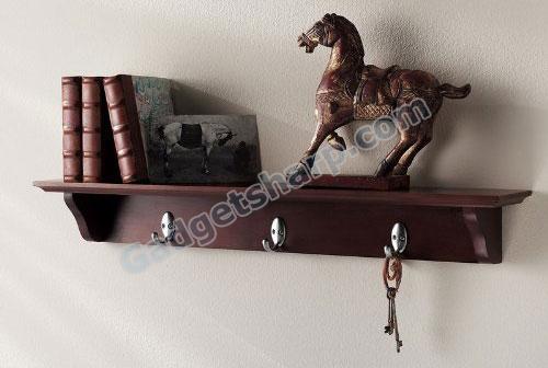 Wall Mounted Corner Shelf with Hooks in Walnut Finish