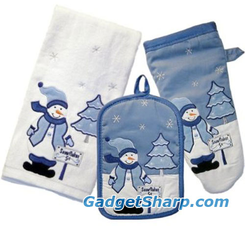 Embroidered Snowman Kitchen Towel Mitt & Pot Holder Set