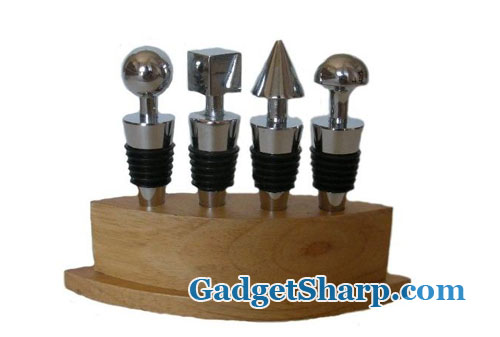 4-Piece Geometric Stopper Set with Wooden Stand