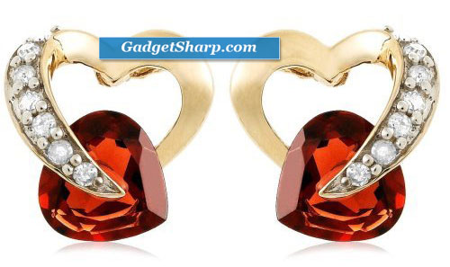 10k Yellow Gold Diamond and Garnet Heart-Shaped Earrings