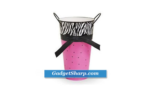 Zebra & Hot Pink Tin Vase Polka Dots and Black Ribbon