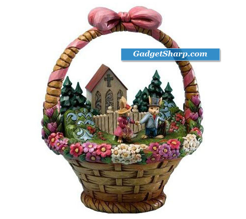 Easter Diorama Featuring a Church, Bunnies, and Woodlands in a Decorated Easter Basket