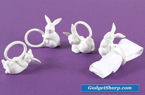 12 Playfully Posed White Porcelain Easter Bunny Napkin Rings