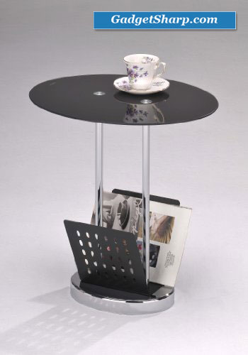 Black / Chrome Glass & Metal End Table With Magazine Rack