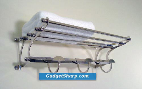 Brushed Satin Nickel Paris Hotel or Train Rack style Towel Shelf with Hooks