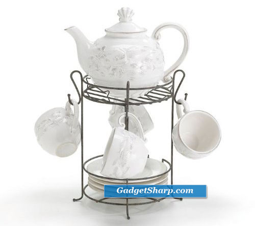 10 Piece Mariner Bay Ceramic Teapot And Teacup Set With Stand Ocean Themed