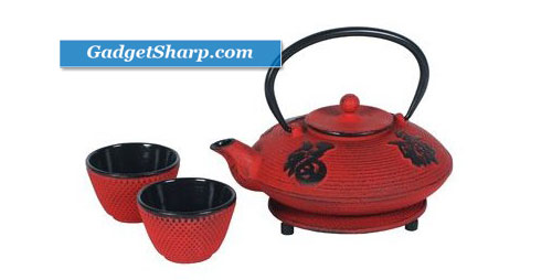 Red Cast Iron Tea Set- Teapot, Two Cups & Trivet