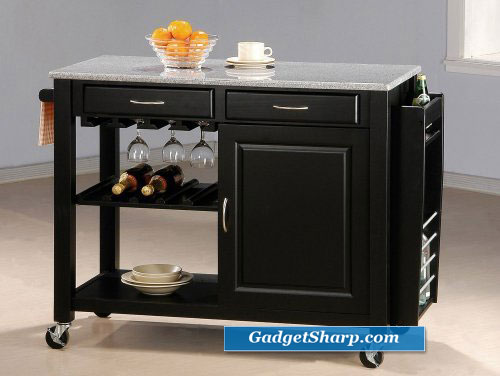 Black Kitchen Island Table w/Granite Top & Drawers