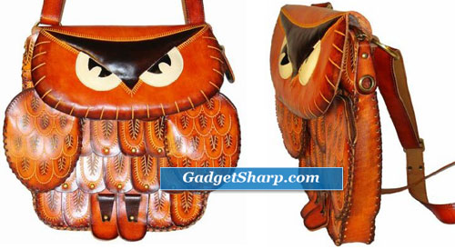 Genuine Leather Messenger Shoulder Bag, an Owl Design